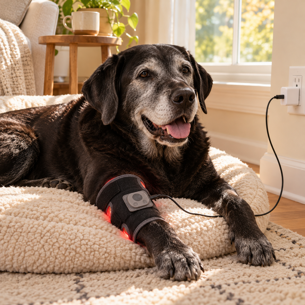 Senior labrador on its bed in the morning wearing the Glow Leg Pad