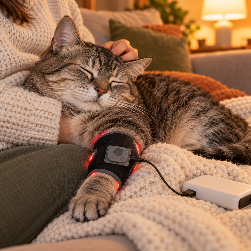 Senior tabby cat resting on a lap wearing the Glow Leg Pad