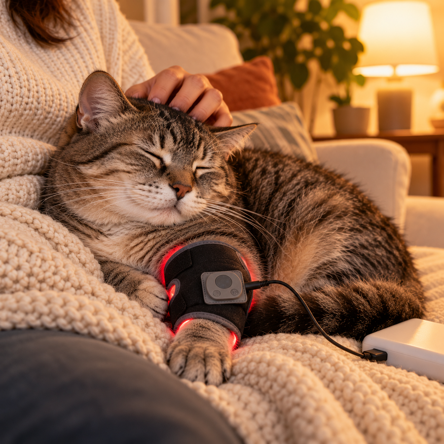 Older tabby cat on a lap wearing the Glow Leg Pad