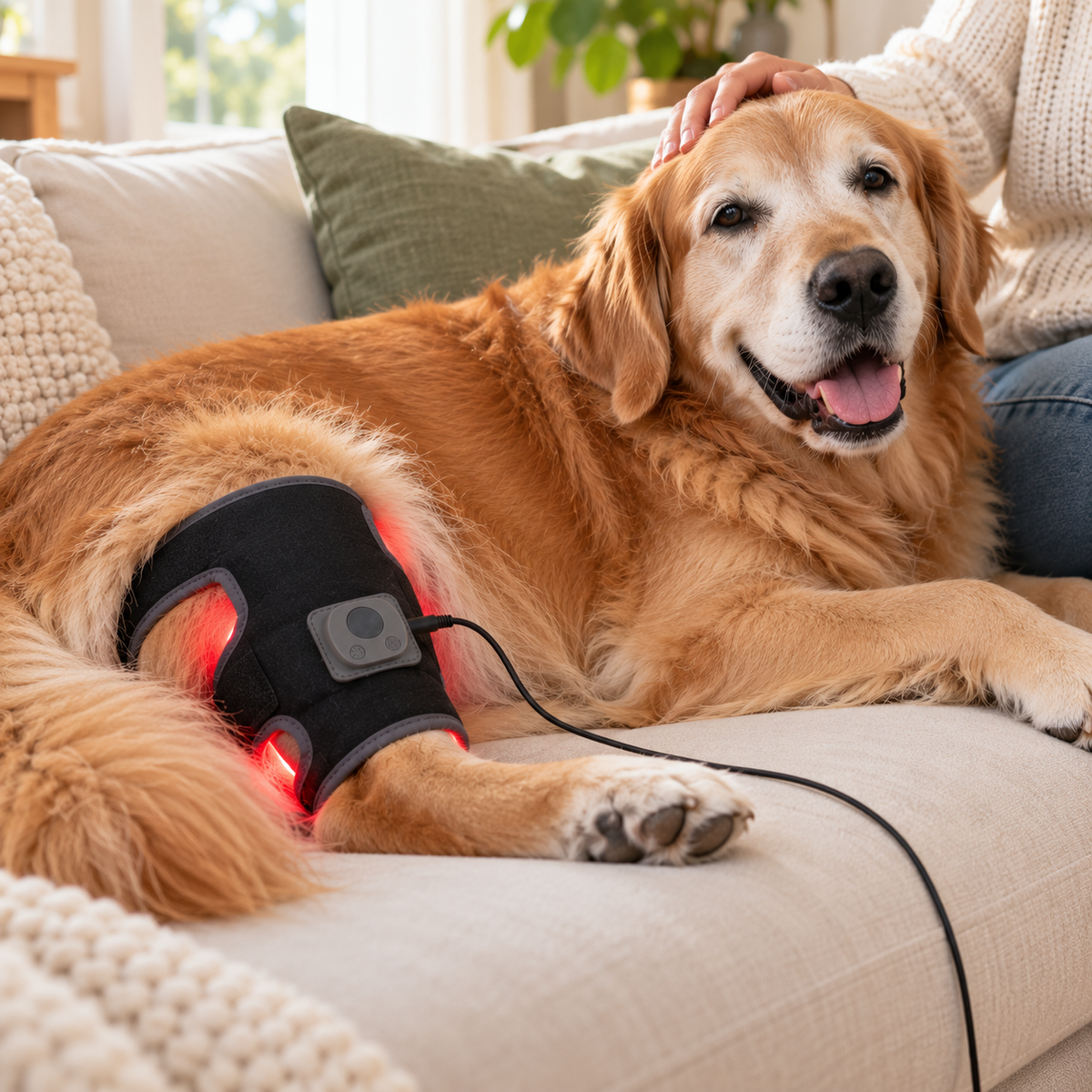 Senior golden labrador on a sofa wearing the Glow Leg Pad