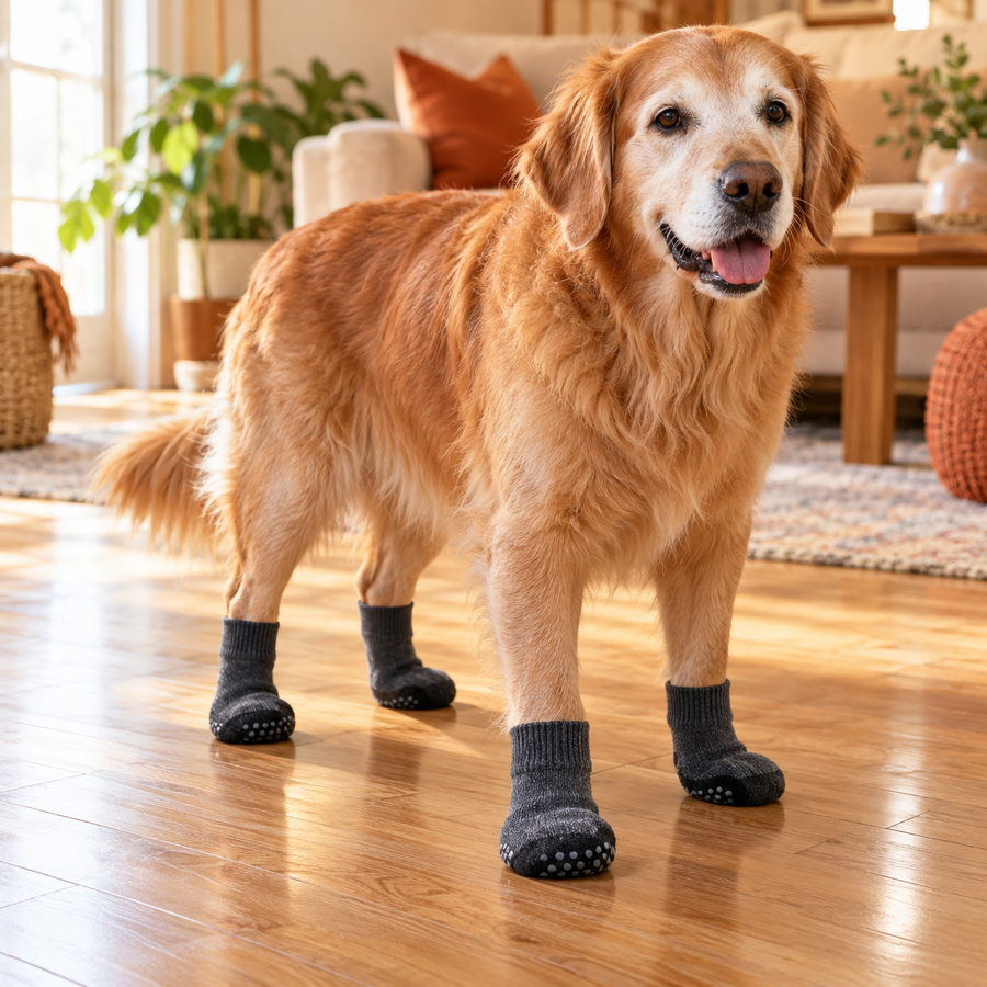 Senior golden retriever wearing grip socks on a wooden floor