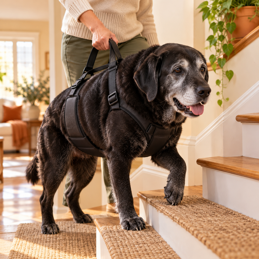 Owner helping a senior labrador up the stairs with a lift support harness