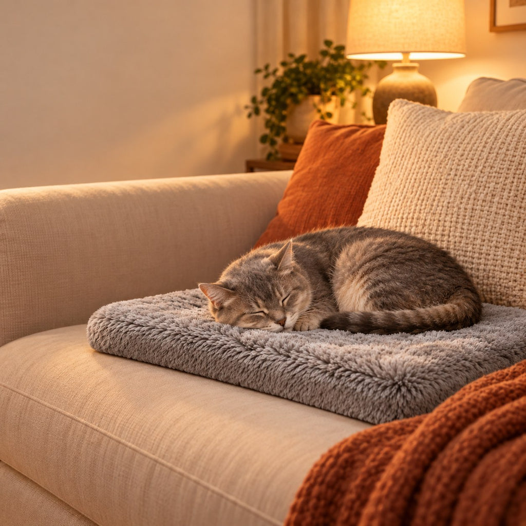 Senior cat asleep on a self-warming mat on a sofa