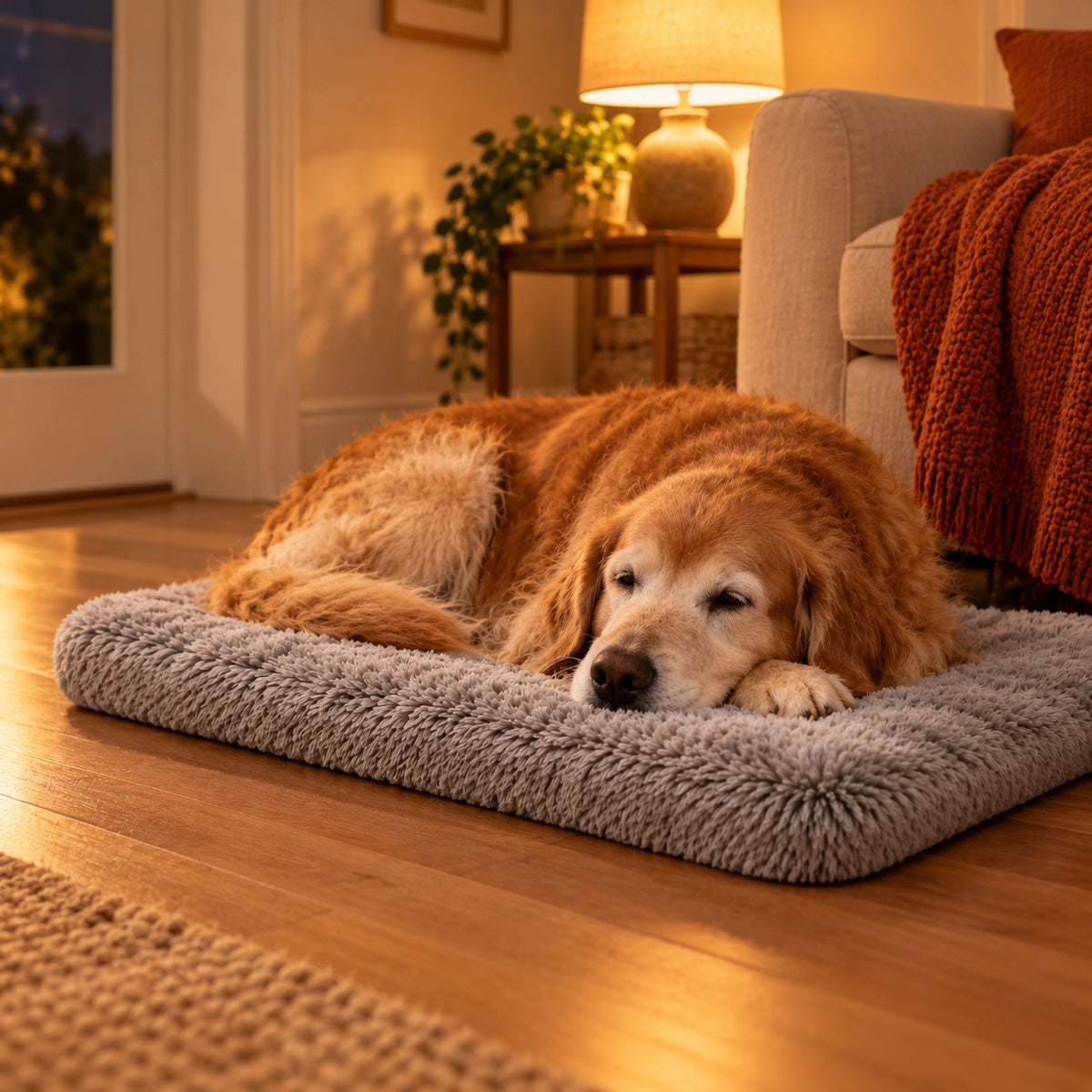 Senior golden retriever resting on a self-warming mat