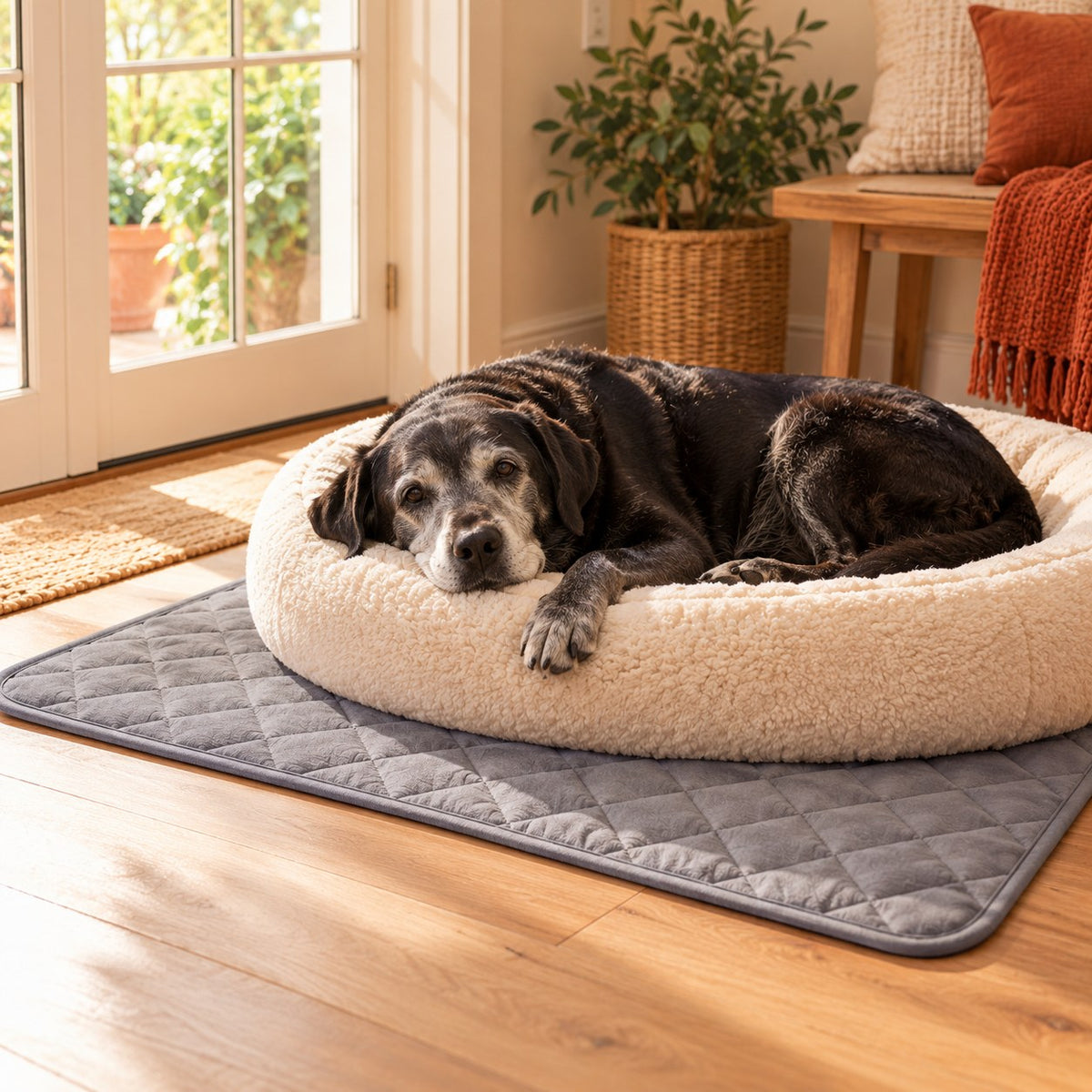 Senior dog bed on a washable pee pad by the door